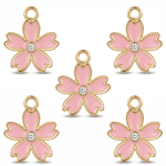 Pink Sakura Flower Enamel with CZ Stone Charm - 13×17mm Gold Plated
