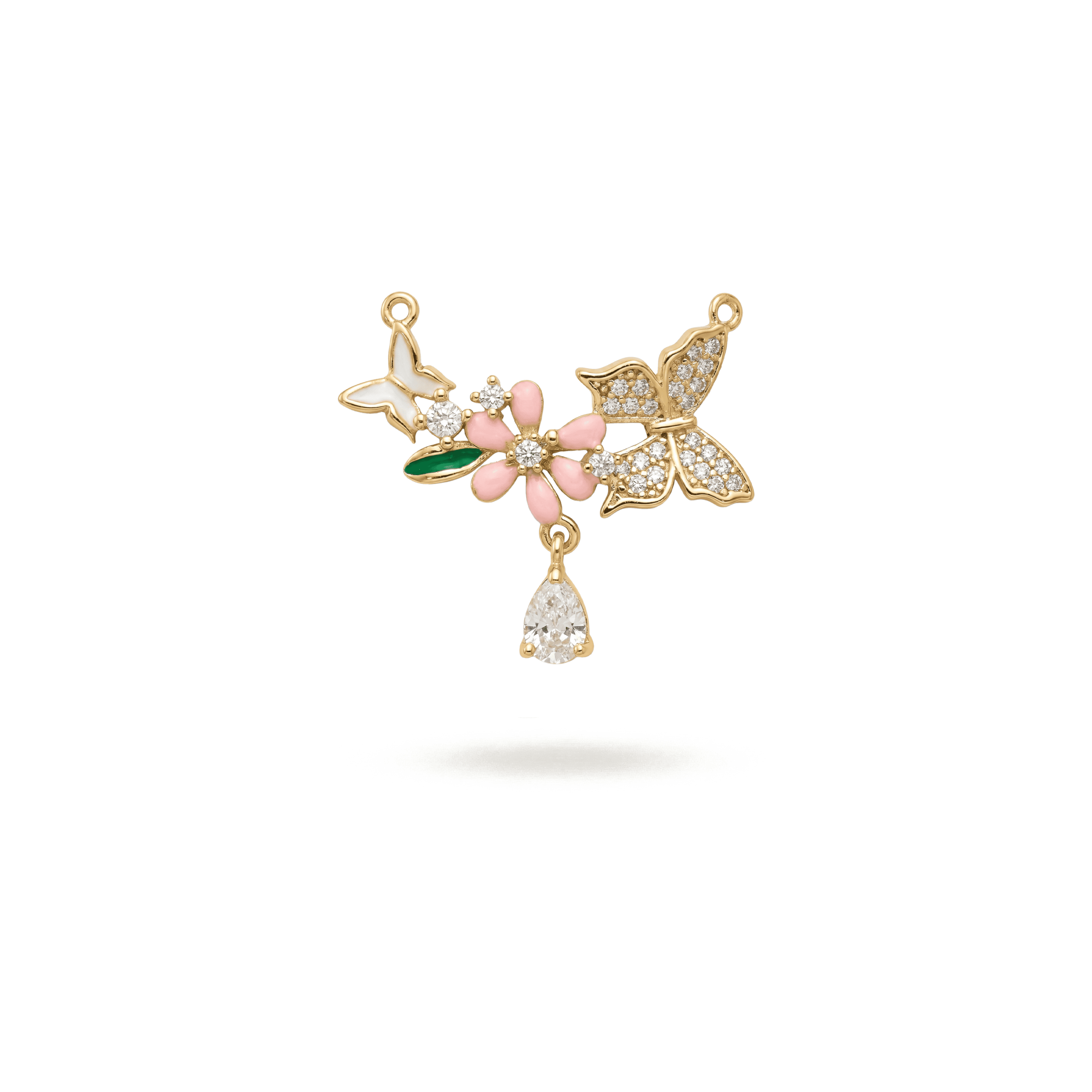 3287-1 Butterfly Flower Connector Link Enamel Pendant with Pave CZ Stones - 23×25mm 18K Gold Plated - Image 1