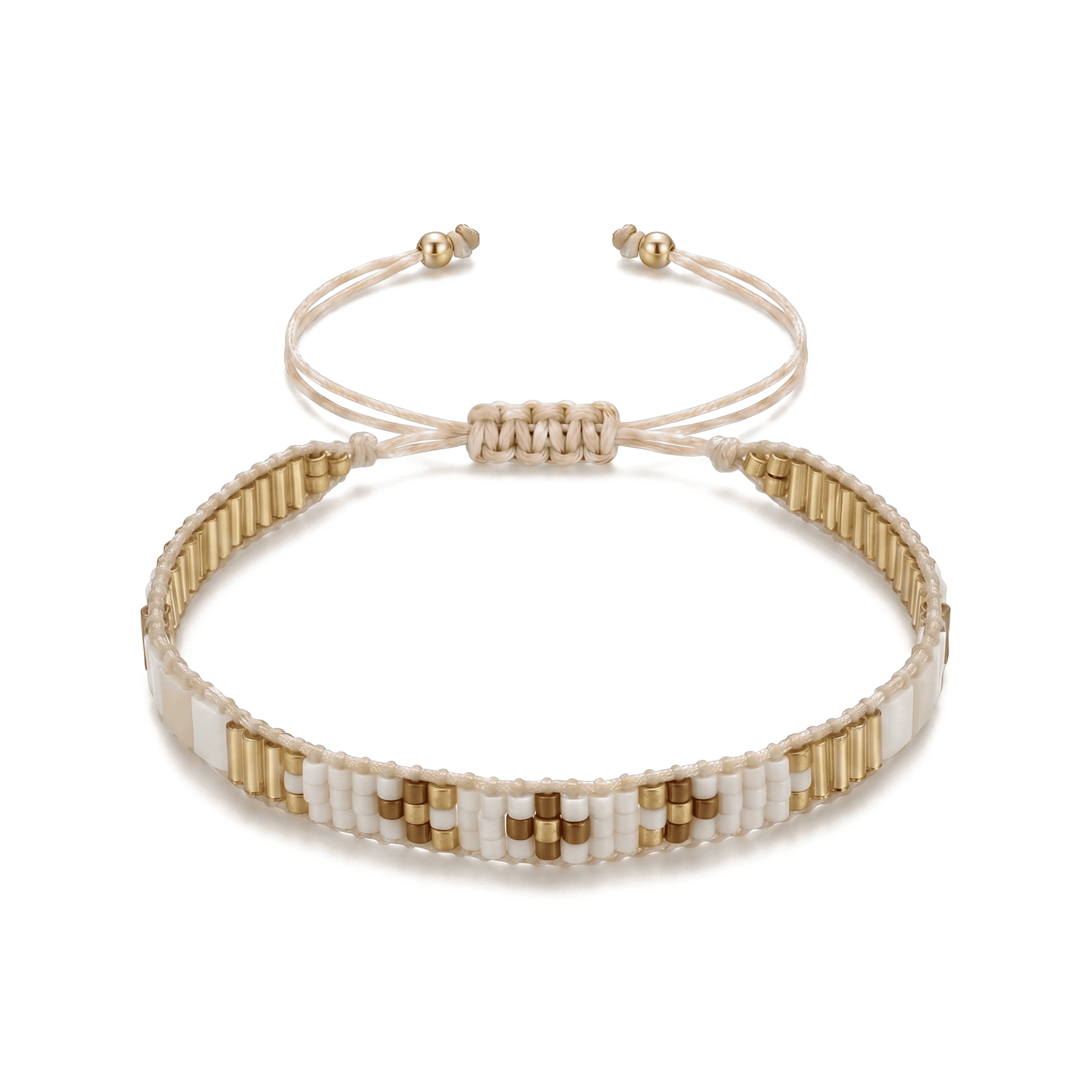 3182 Handmade Original Miyuki Glass Beads Adjustable Bracelet - White & Gold - Image 1